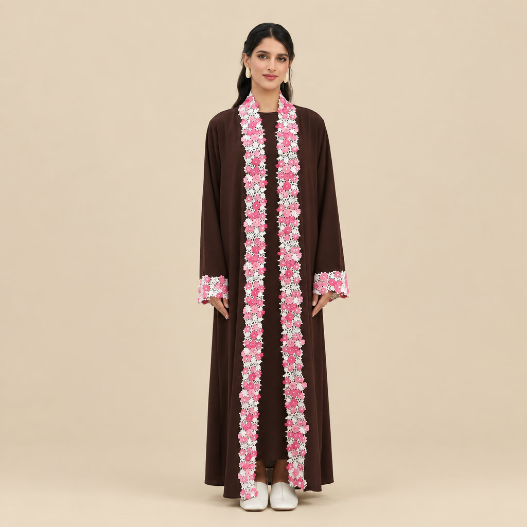 Muslim Women Floral Embroidery Nida Open Abaya Dress #261383