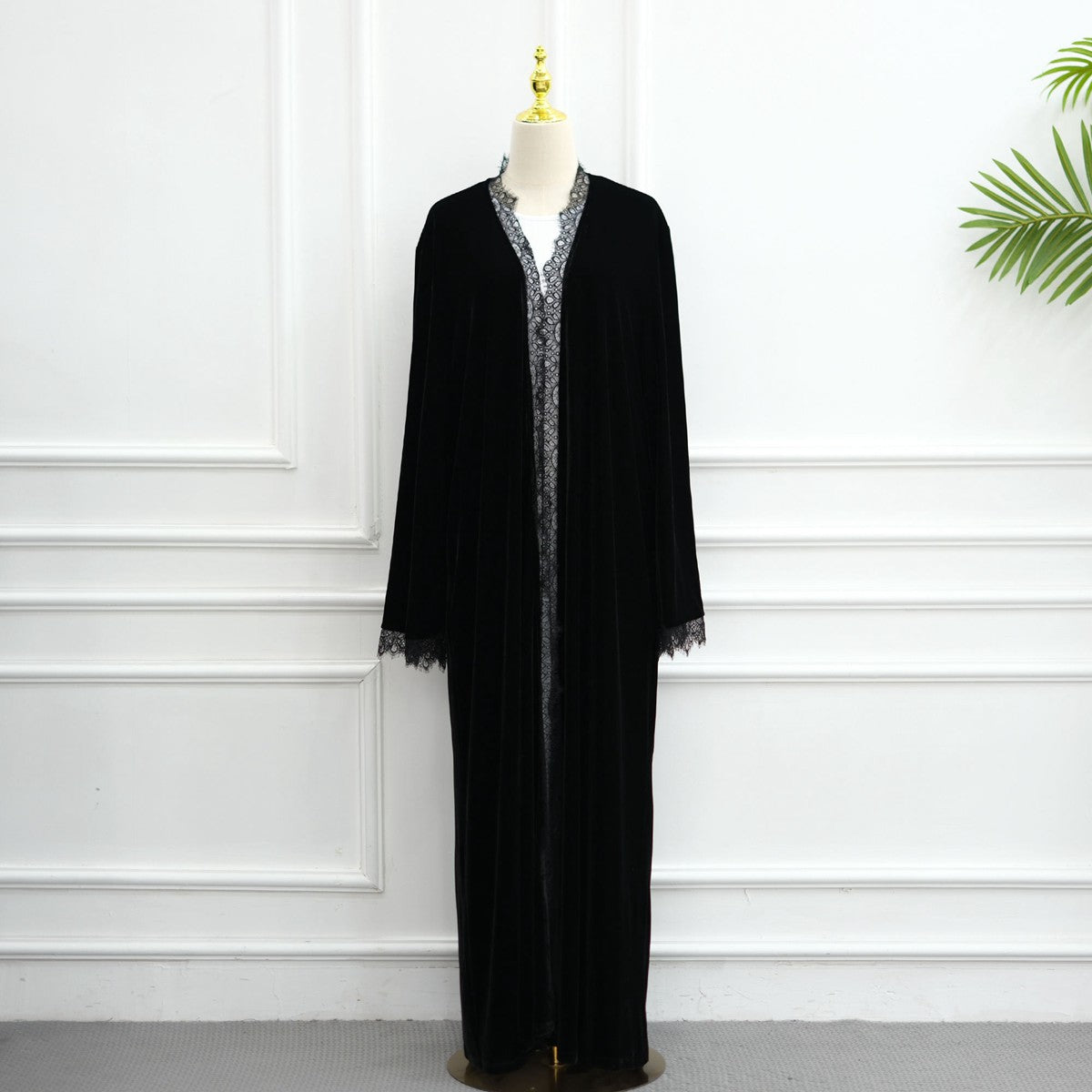 Muslim Women Lace Trimming Velvet Open Abaya Dress #261385