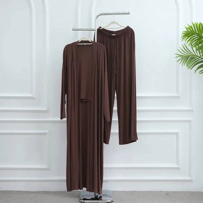 Muslim Women 3 Pieces Set Modal Tops And Pants Suit Set With Open Abaya Dress #251076