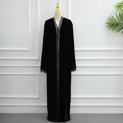 Muslim Women Lace Trimming Velvet Open Abaya Dress #261385