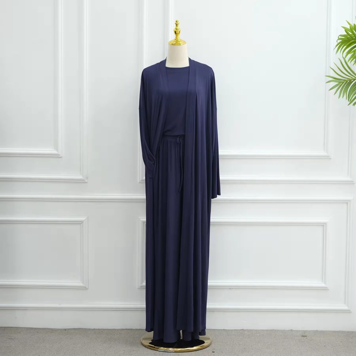 Muslim Women 3 Pieces Set Modal Tops And Pants Suit Set With Open Abaya Dress #251076