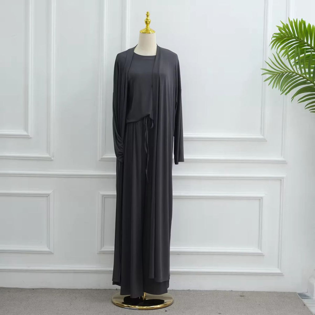Muslim Women 3 Pieces Set Modal Tops And Pants Suit Set With Open Abaya Dress #251076