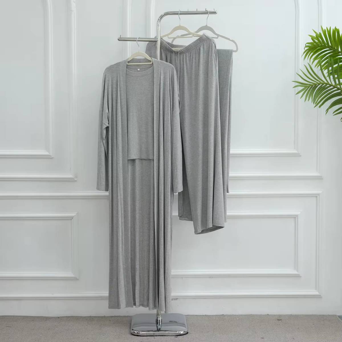 Muslim Women 3 Pieces Set Modal Tops And Pants Suit Set With Open Abaya Dress #251076