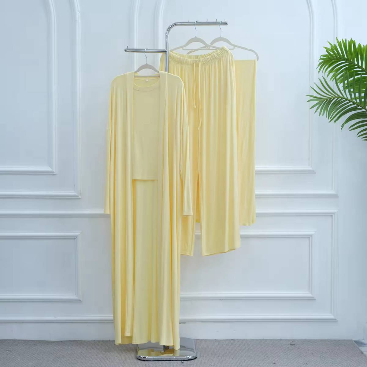 Muslim Women 3 Pieces Set Modal Tops And Pants Suit Set With Open Abaya Dress #251076