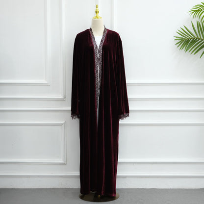 Muslim Women Lace Trimming Velvet Open Abaya Dress #261385