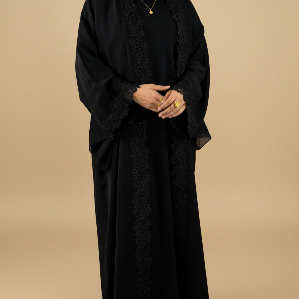 3 Pieces Set Lace Open Abaya Dress - With Inner Sleeveless Abaya Dress And A Matching Hijab - #261191