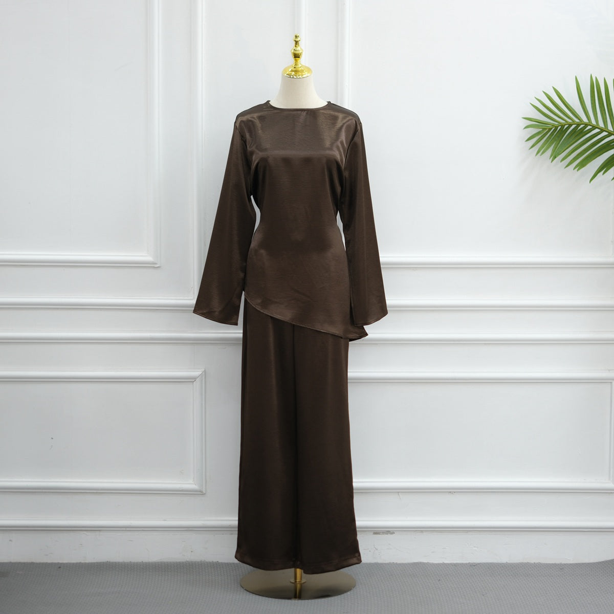 Muslim Women Daily Wear Satin 2 Pieces Tops And Pants Suit Set #261342