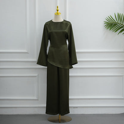 Muslim Women Daily Wear Satin 2 Pieces Tops And Pants Suit Set #261342