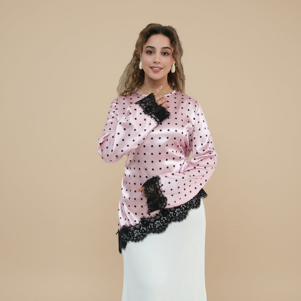 Muslim Women Polka Dot Printed Lace Tops And Pant #261357