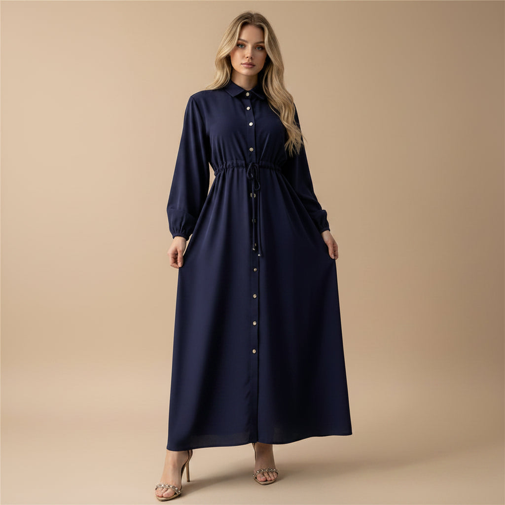 Muslim Women Button Up Abaya Dress With Stand Collar #266289
