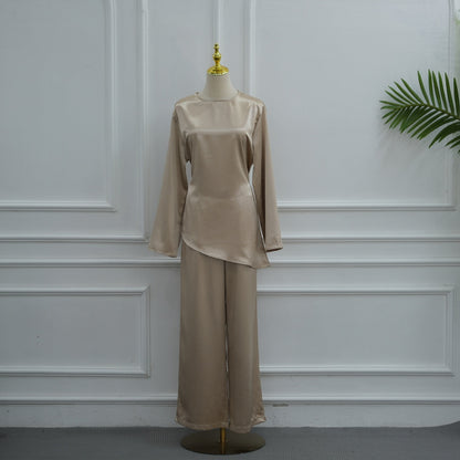 Muslim Women Daily Wear Satin 2 Pieces Tops And Pants Suit Set #261342