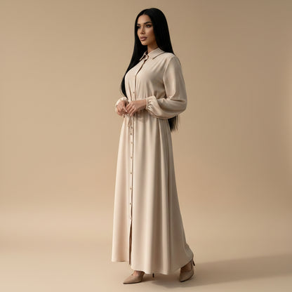 Muslim Women Button Up Abaya Dress With Stand Collar #266289