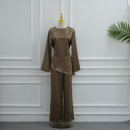 Muslim Women Daily Wear Satin 2 Pieces Tops And Pants Suit Set #261342