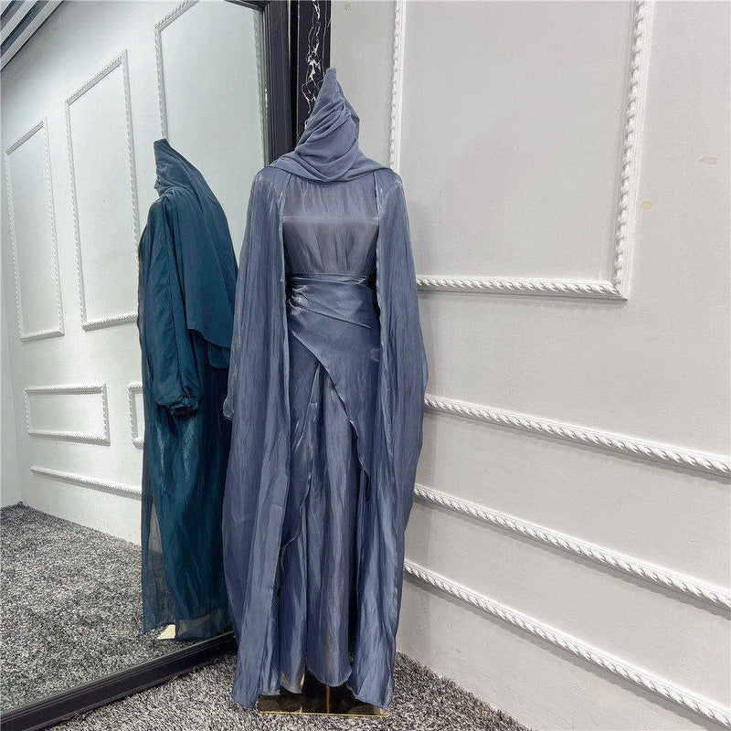 طقم عباية نسائي مسلم، لون سادة، رمادي داكن، مقاس XL، مكون من 3 قطع