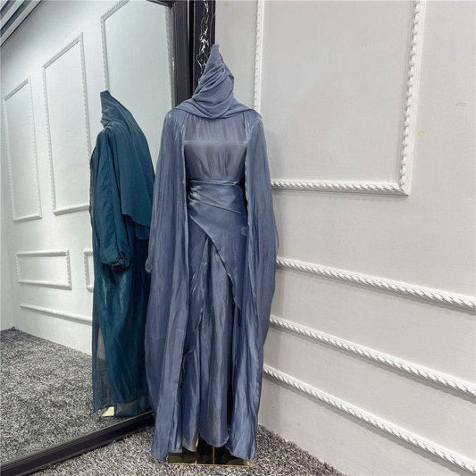 طقم عباية نسائي مسلم، لون سادة، رمادي داكن، مقاس XL، مكون من 3 قطع