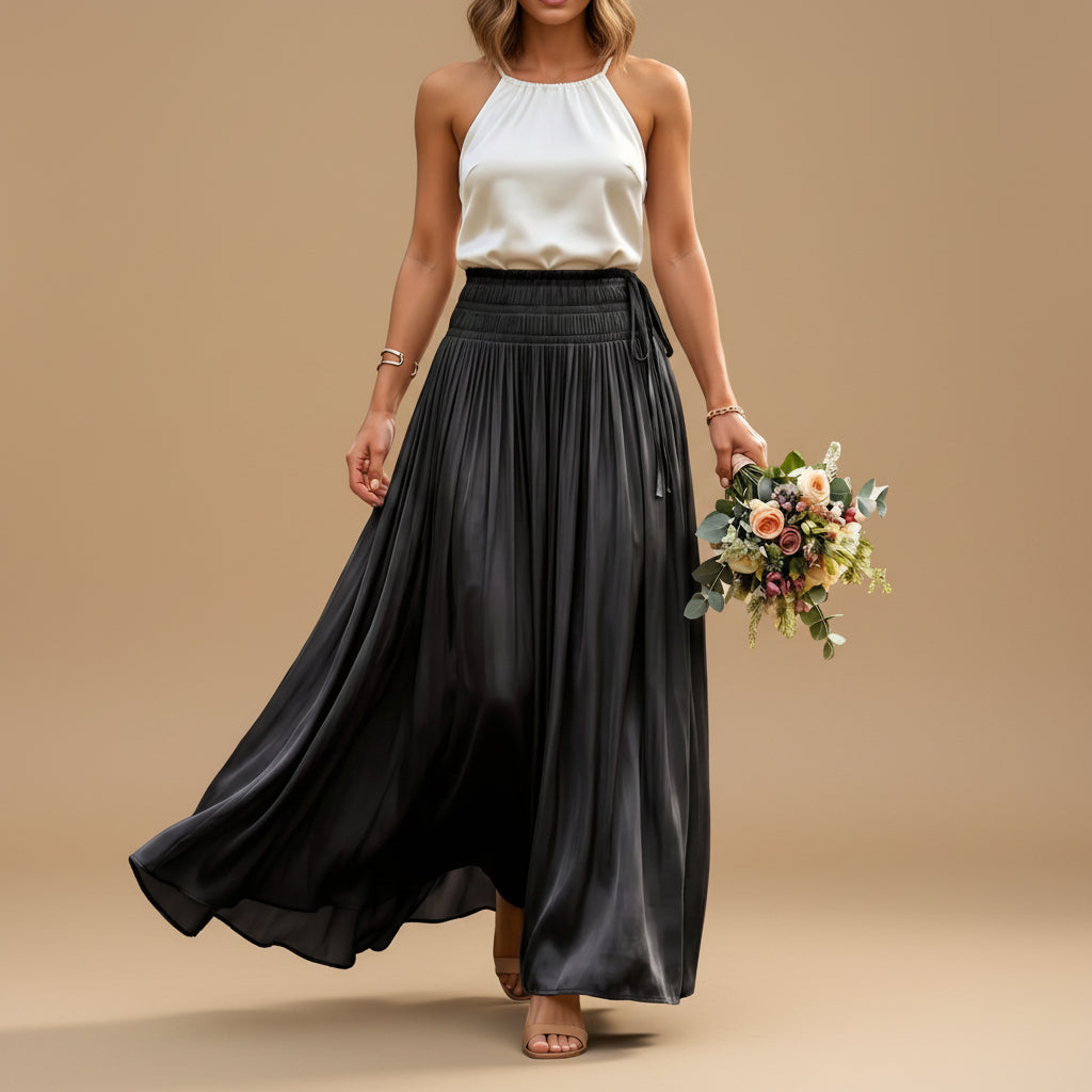 Silk Feeling Glossy Solid Color Maxi Skirt #26906