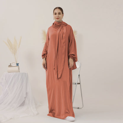 13 Color Options Solid Color Abaya Dress With Hijab Scarf One Piece