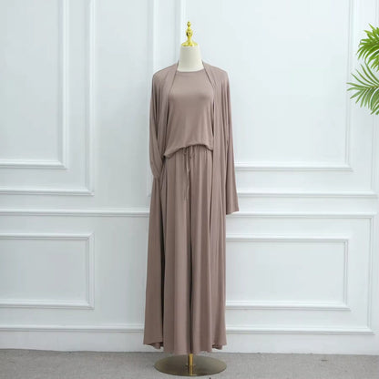 Muslim Women 3 Pieces Set Modal Tops And Pants Suit Set With Open Abaya Dress #251076