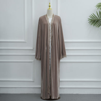 Muslim Women Lace Trimming Velvet Open Abaya Dress #261385