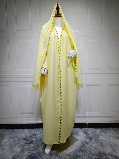Muslim Women Patchwork Floral Open Abaya Dress With A Matching Hijab #26303