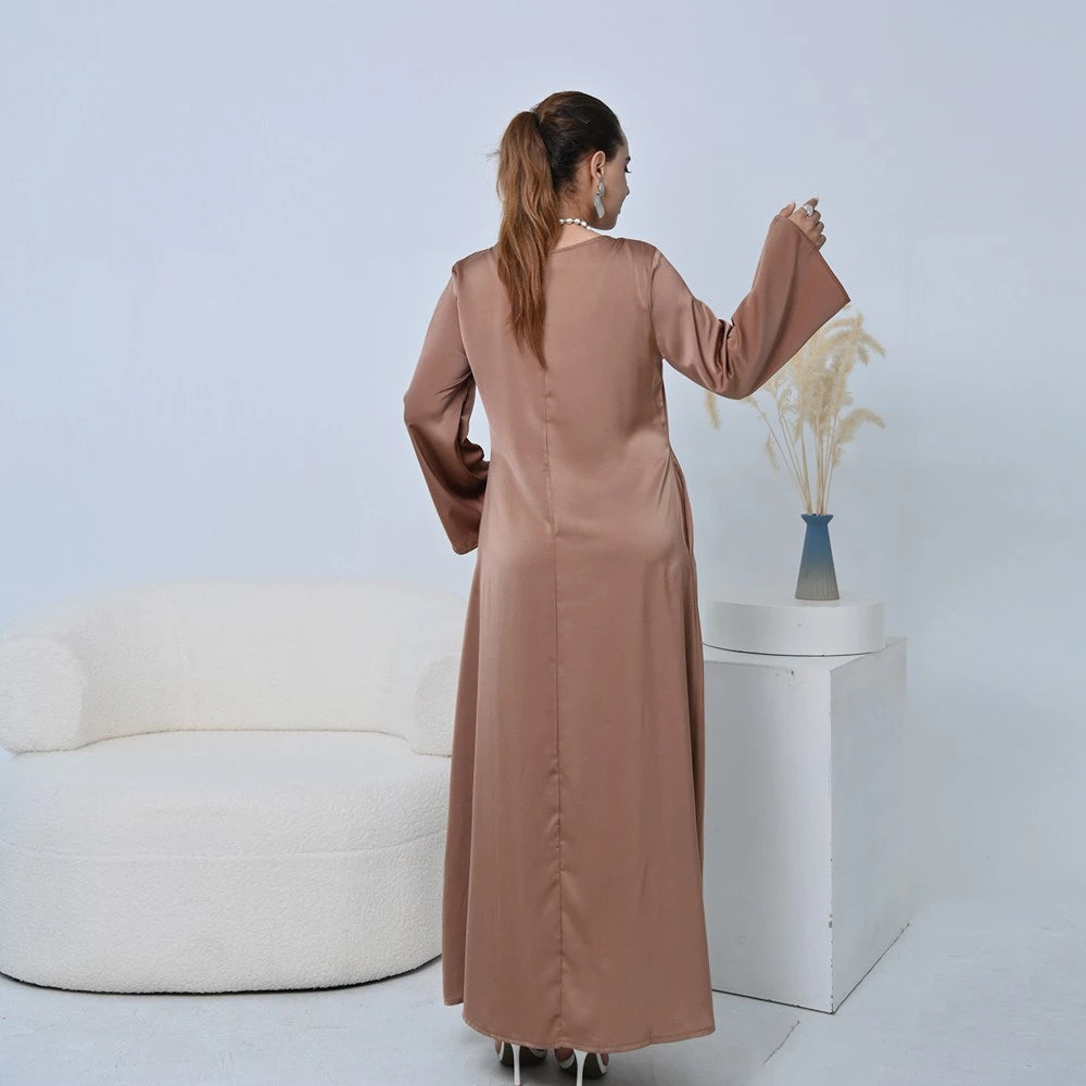 Muslim Women Solid Color Satin Abaya Robe Dress With Pocket And Belt