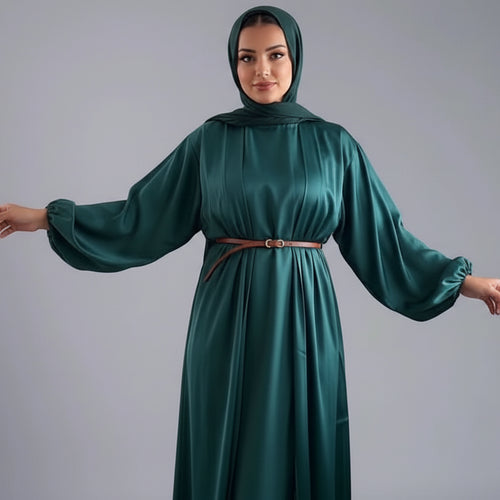 طقم عباية نسائية مسلمة من قطعتين من الساتان مع فستان داخلي بدون أكمام