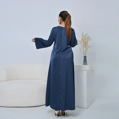 Muslim Women Solid Color Satin Abaya Robe Dress With Pocket And Belt
