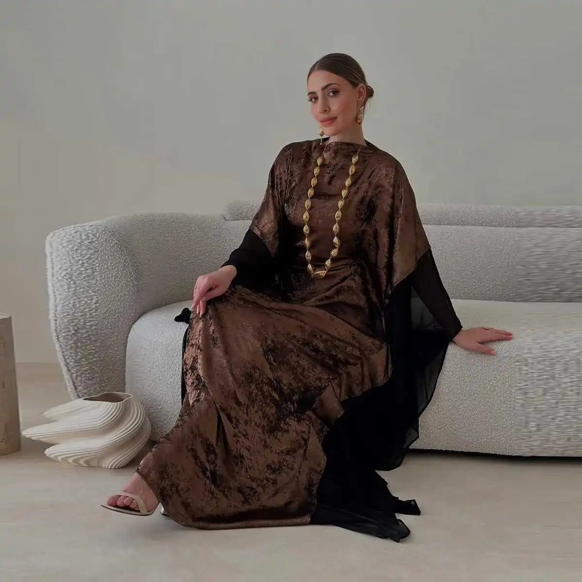 Bronzing Batwing Sleeve Farasha Abaya Dress For Muslim Women #25233