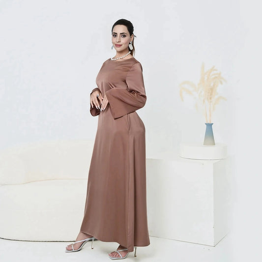 فستان عباية ساتان سادة للنساء المسلمات مع جيب وحزام
