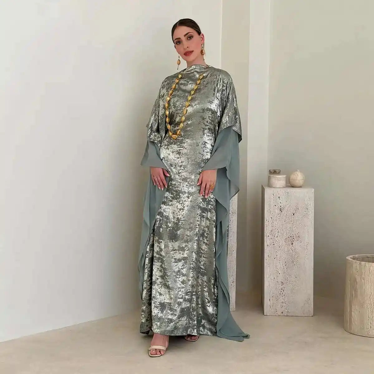 Bronzing Batwing Sleeve Farasha Abaya Dress For Muslim Women #25233