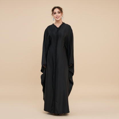 Lace Patchwork Satin Abaya Dress For Women - White/Gray/Coffee/Black - #261270