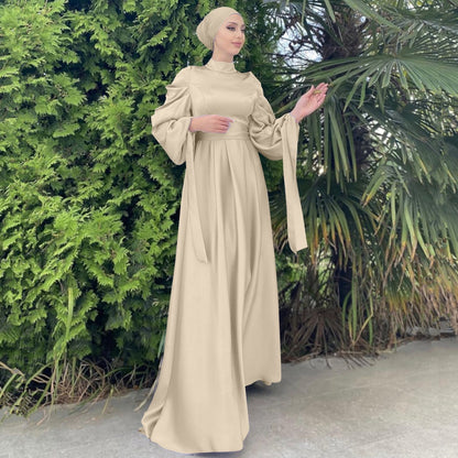Apricot - M, 2XL - Satin Abaya Dress