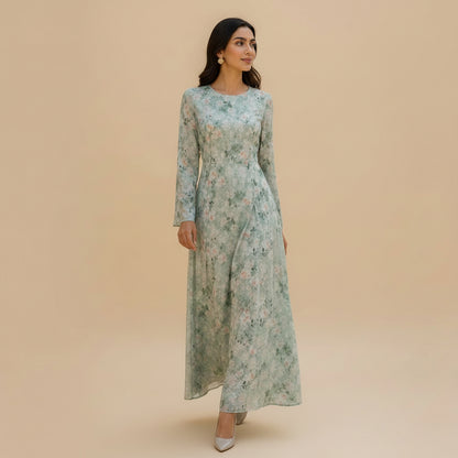 Muslim Women Printed Abaya Dress With Cotton Lining and Back Strap #261373