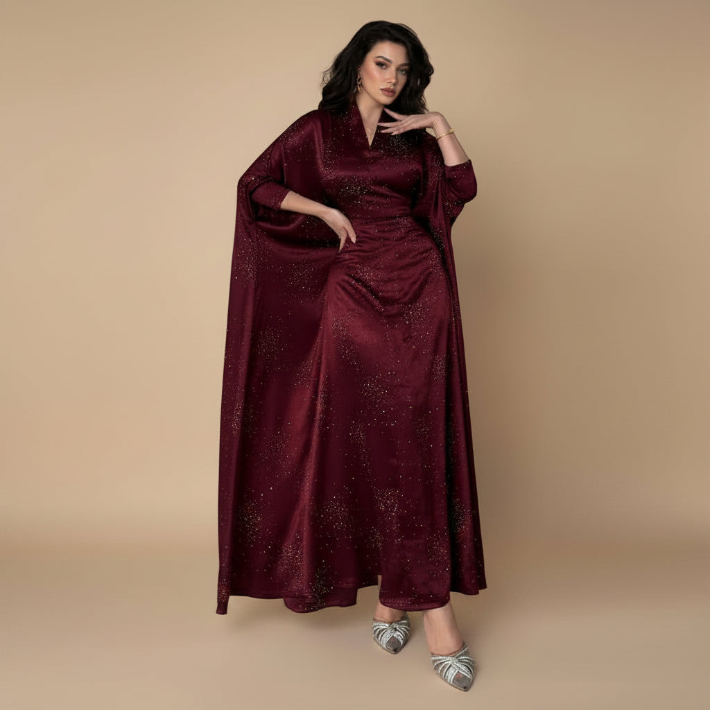 Muslim Women Hotfix Rhinestones Satin Farasha Batwing Sleeve Abaya Dress #26180