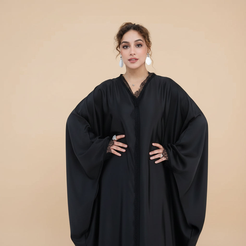 Lace Patchwork Satin Abaya Dress For Women - White/Gray/Coffee/Black - #261270