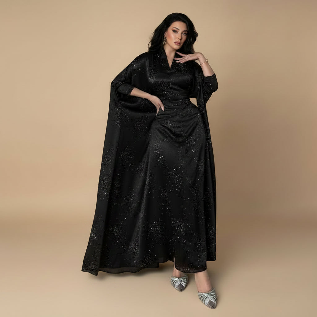 Muslim Women Hotfix Rhinestones Satin Farasha Batwing Sleeve Abaya Dress #26180