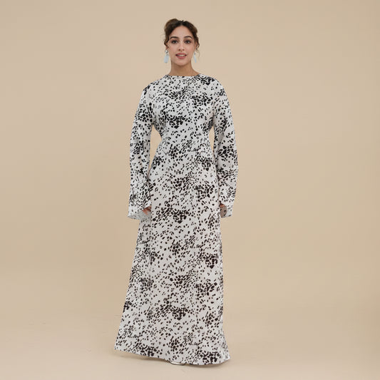 Muslim Women Polka Dot Printed Abaya Dress With Inner Belt #261308