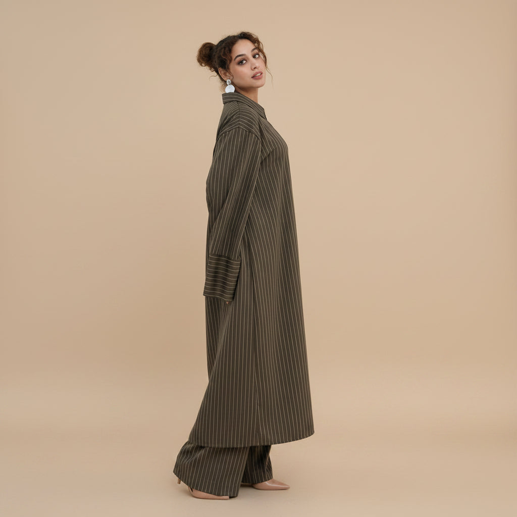 2 Pieces Set Abaya Tops And Pants Suit Set - With Stripe Pattern - Muslim Women Daily Wear - #261293