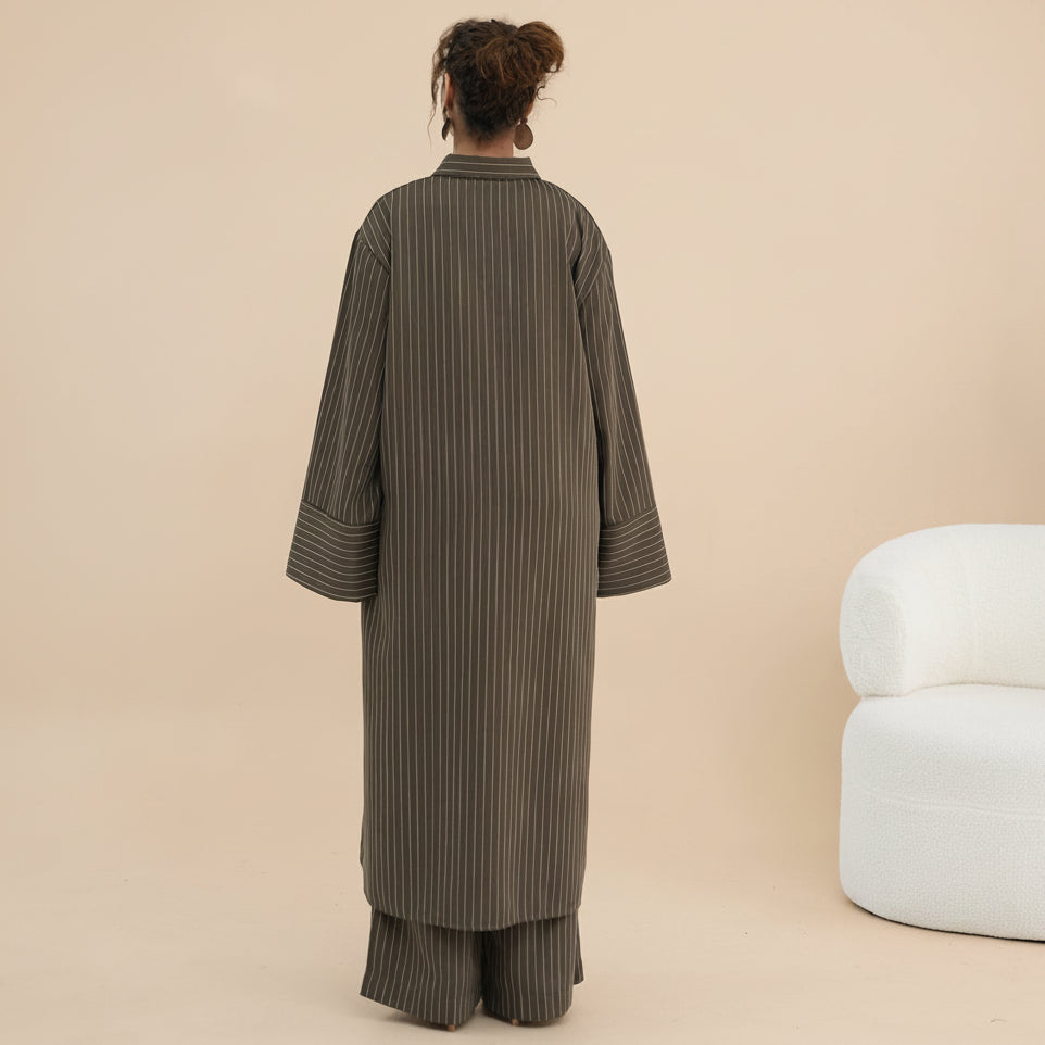 2 Pieces Set Abaya Tops And Pants Suit Set - With Stripe Pattern - Muslim Women Daily Wear - #261293