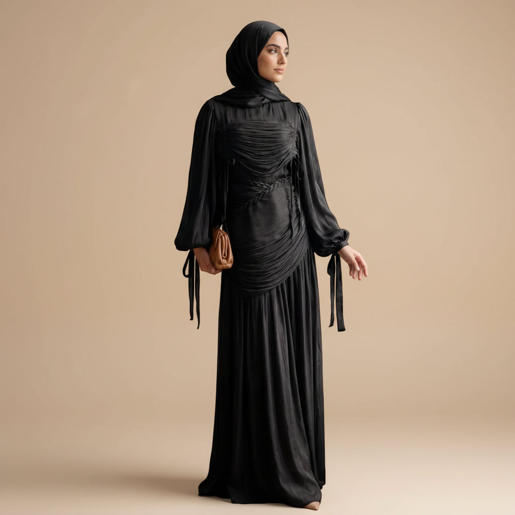 فستان عباية مطوي بياقة وأكمام منفوخة فاخرة #261238