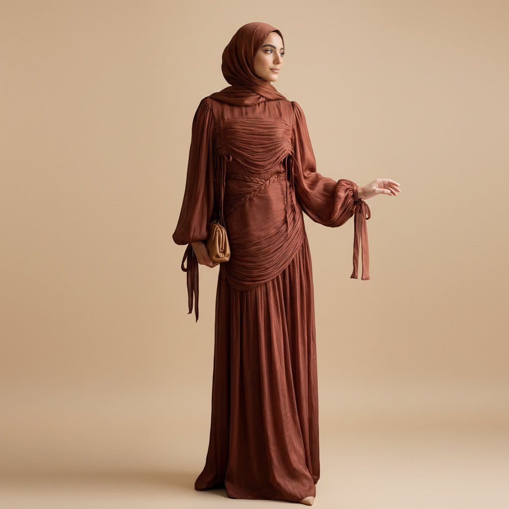 فستان عباية مطوي بياقة وأكمام منفوخة فاخرة #261238