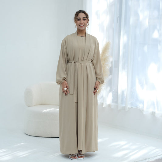 3 Pieces Set Wrinkle Fabric Cardigan Open Abaya Dress With Hijab