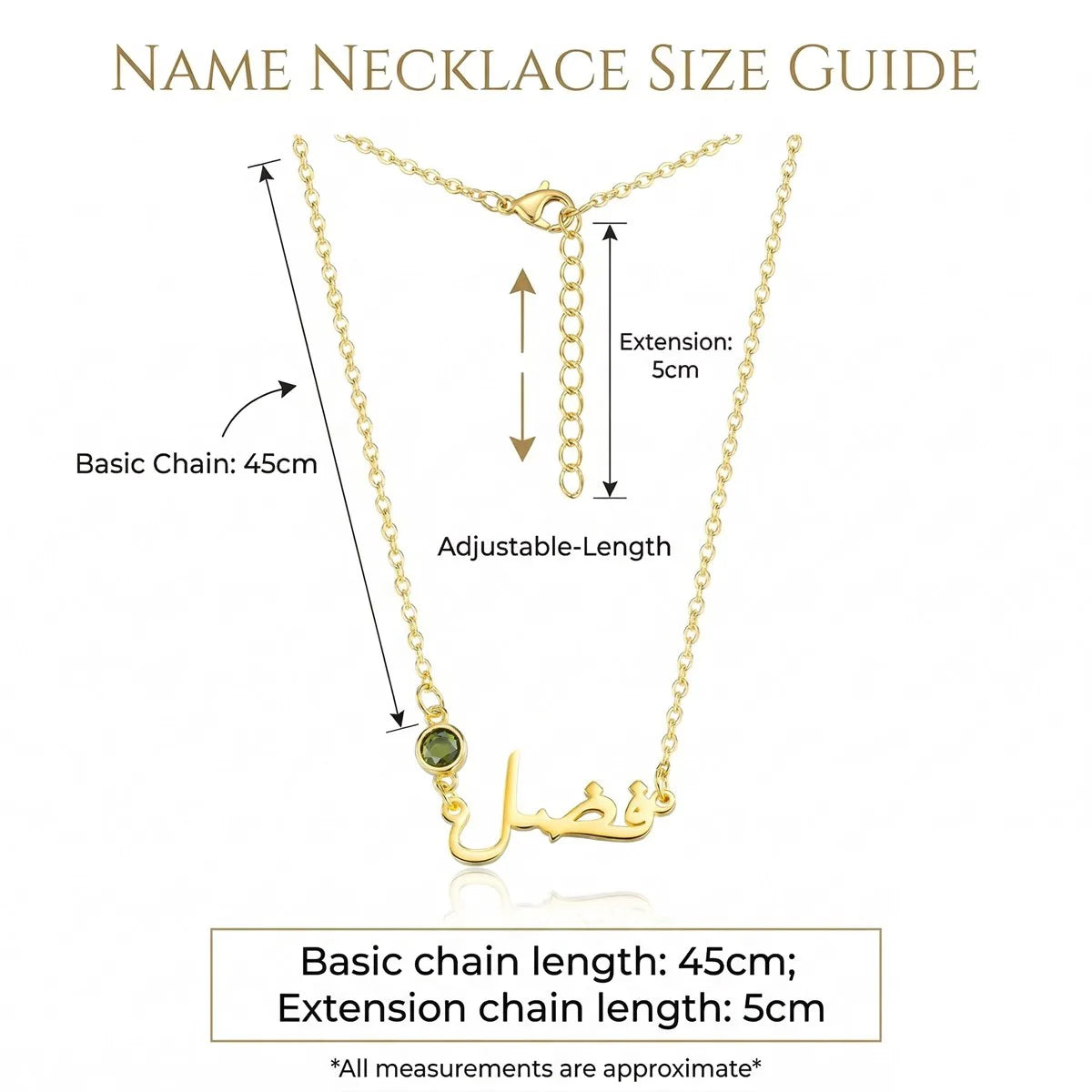 قلادة اسم شخصية باللغتين العربية والإنجليزية مع حجر الميلاد