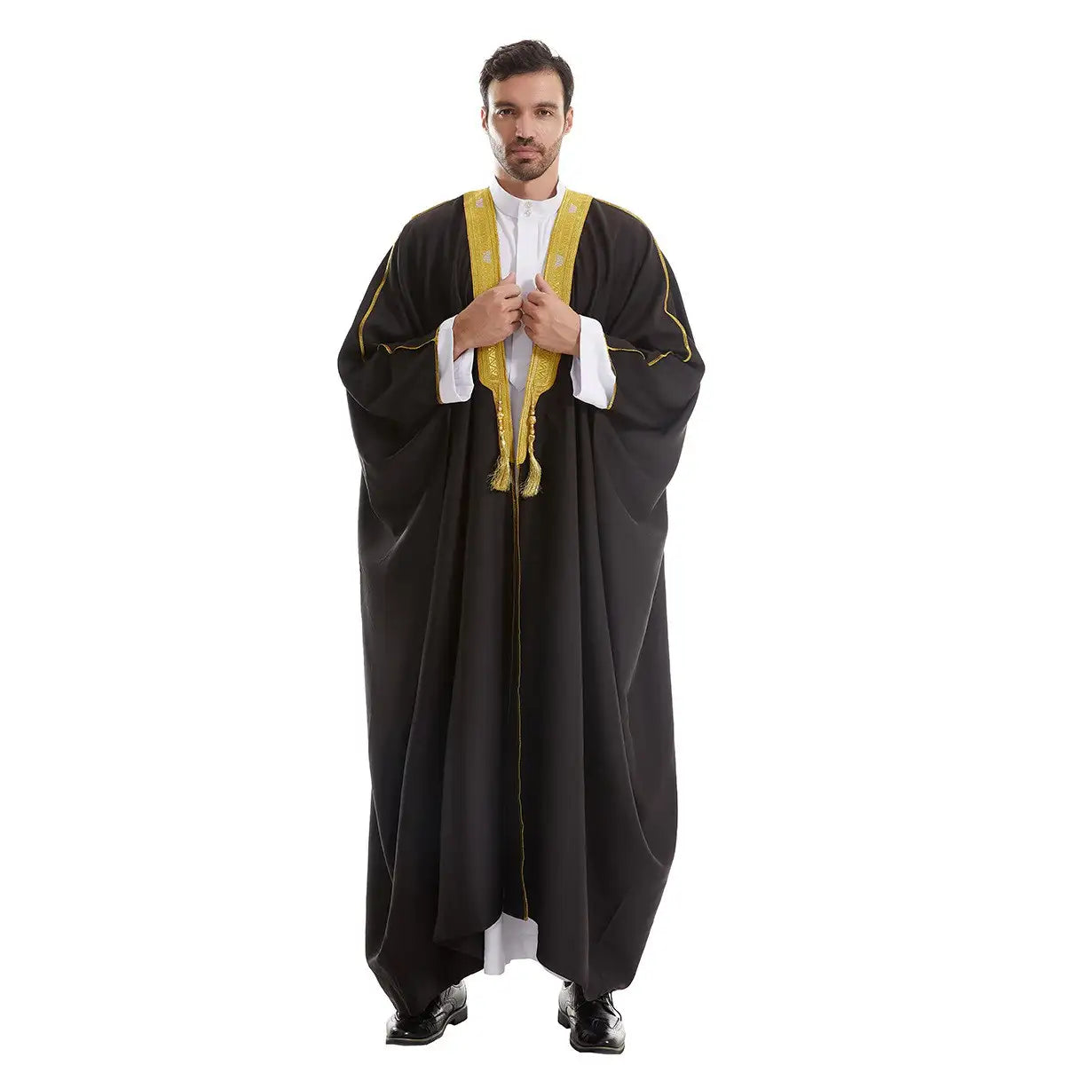 Thick Fabric Tassel Gold Embroidery Men Bisht - Black/Beige/White/Tan