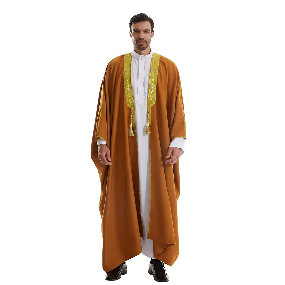 Thick Fabric Tassel Gold Embroidery Men Bisht - Black/Beige/White/Tan