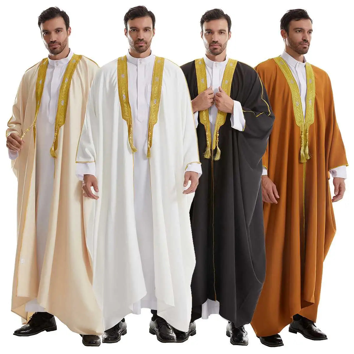 Thick Fabric Tassel Gold Embroidery Men Bisht - Black/Beige/White/Tan