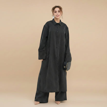 2 Pieces Set Abaya Tops And Pants Suit Set - With Stripe Pattern - Muslim Women Daily Wear - #261293