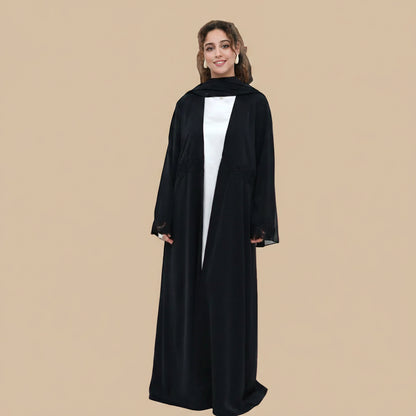 Muslim Women 3D Floral Embroidered Patchwork Nida Open Abaya Dress With A Matching Hijab #261352