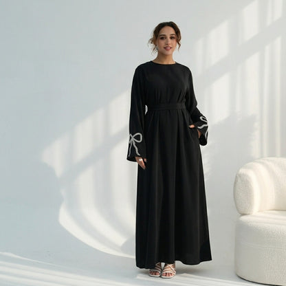 Muslim Women Beaded Bow Sleeve Abaya Dress #261086