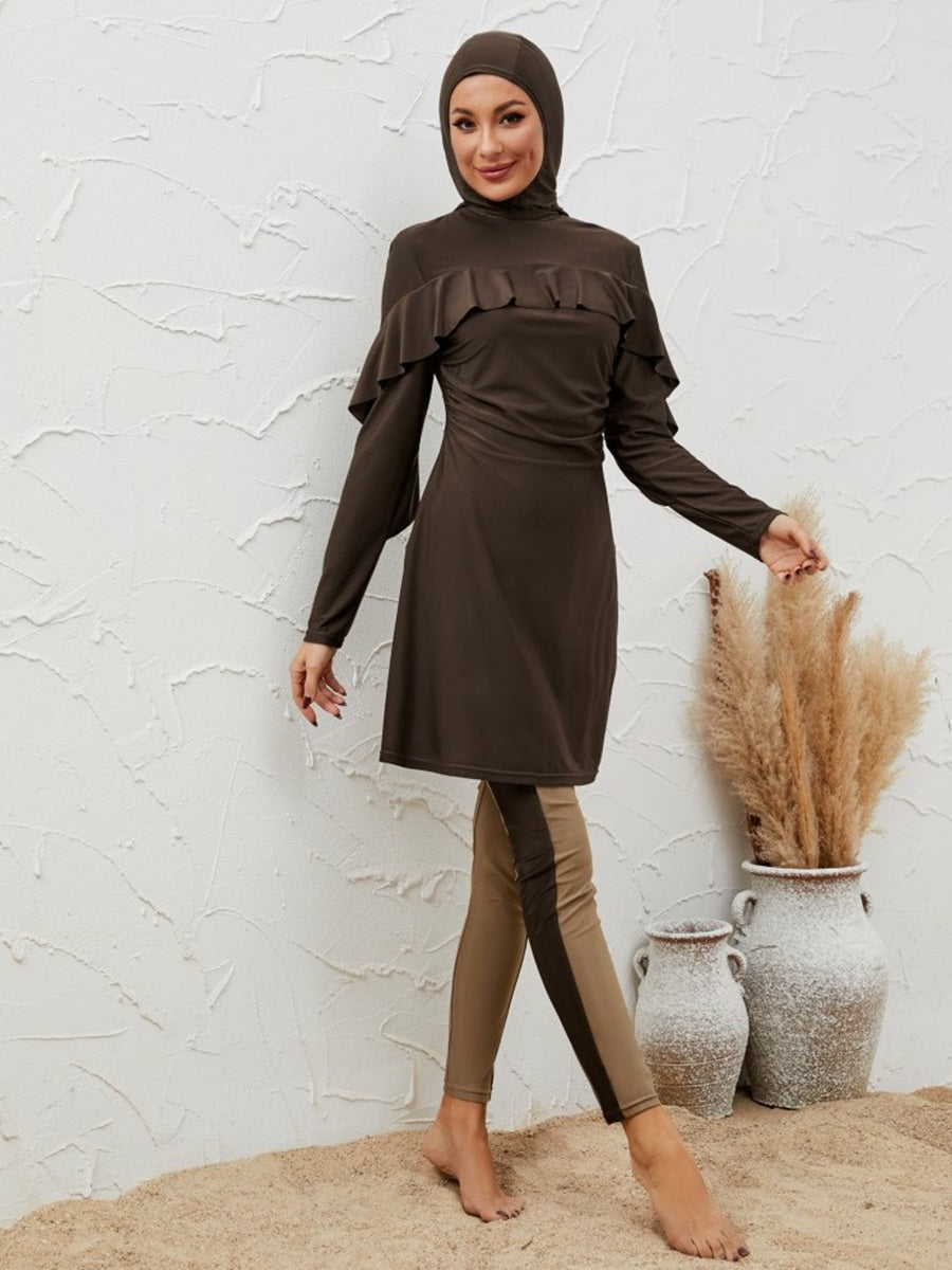 Muslim Burkini 3 Pieces Set Swimsuit Swimwear - Islamic Halal Bathing Suit - Coffee - #2611064